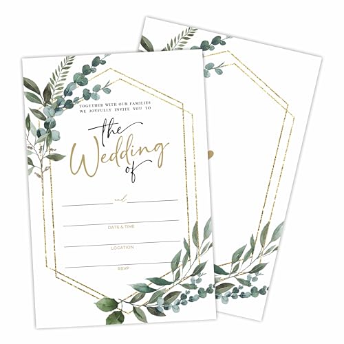 Greenery Wedding Invitations, 25 Eucalyptus & Golden Geometry Wedding Invites With Envelopes, Fill In Style Invites For Newlyweds Mr & Mrs Celebration - A04 - color: The wedding of