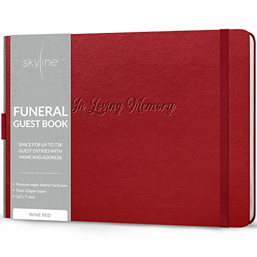 Skyline Funeral Guest Book, Sign In Name & Address, Hardcover Wine Red | 10”x7”, Elegant sign-in guestbook for memorial service & celebration of life with large signature space, Memory book - color: Wine Red, size: Smaller than A4 (10" x 7")