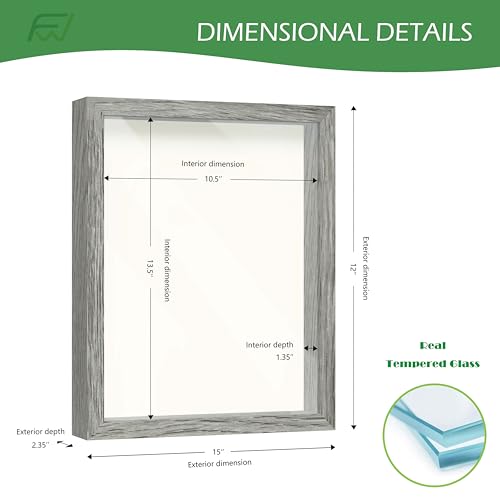 FrameWorks 11x14 Driftwood Wooden Shadow Box Frame – Soft Felt Back, Tempered Glass, and Included Elegant White Ball Push Pins - color: Grey, size: 11"x14"