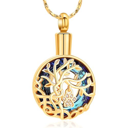 Imrsanl Tree of Life Urn Necklace for Ashes Paw Print Circle of Life Cremation Jewelry Keepsake Pendant Memorial Pet Ashes Holder for Women Men - color: Gold-Blue
