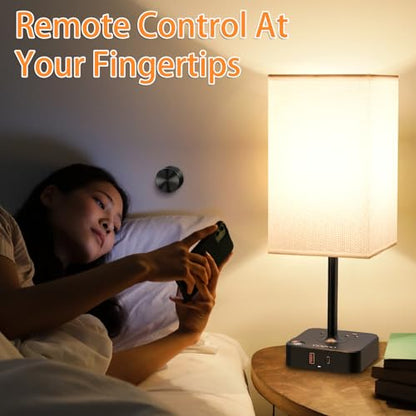 Bedroom Nightstand Lamp with Charger, Touch Table Lamps with Remote Control - color: Ivory White