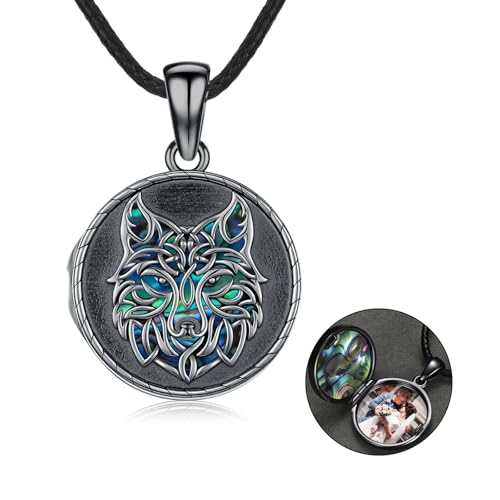 MEDWISE 925 Sterling Silver Locket Necklace That Holds Pictures Photo Necklace Oxidized Rose Flower/Sunflower/Compass/Celtic Heart Pendnat Lockets Gifts for Women Birthday Christmas Gifts - style: I-Wolf