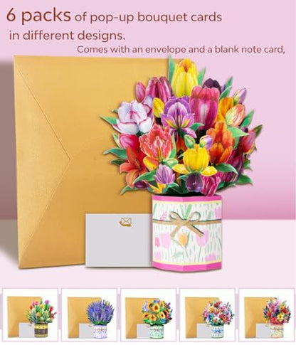 Pop Up Flower Bouquet Card Set for Women – 6 Unique 3D Floral Designs with Envelopes & Separate Blank Note Cards, Forever Rose, Sunflower, Tulip Gift for Mother's Day, Get Well, Birthday, All Occasions - style: Tulip, Sunflower, Roses, Lily, Lavender, Suc