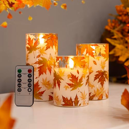 Fall Flameless Candles with Remote, Autumn Maple Leaf Battery Candles | Set of 3 LED Glass Candles with Timer Battery Powered Pillar Candles Thanksgiving Decor Electric Fake Candles Mantel - color: Maple-Glass