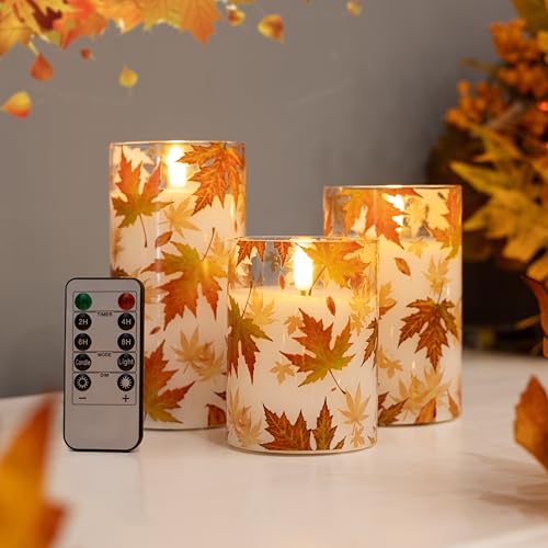 Fall Flameless Candles with Remote, Autumn Maple Leaf Battery Candles | Set of 3 LED Glass Candles with Timer Battery Powered Pillar Candles Thanksgiving Decor Electric Fake Candles Mantel - color: Maple-Glass