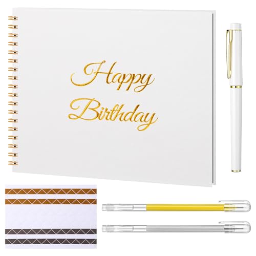 Mooliwe Birthday Guestbook with Pens Stickers Hardbound Book 8.3 x 6.5 Inch Hardcover Hardbound Signature Guest Book for Photobooth Photo Strips Scrapbook Party Supplies (White, Birthday) - color: White