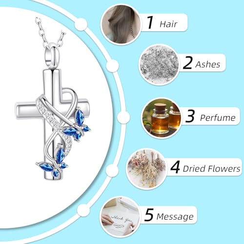 Cremation Jewelry for Ashes Pendant - Butterfly Cross Urn Necklace for Ashes Men Women with Mini Keepsake Urn Memorial Jewelry - color: Silver-Blue