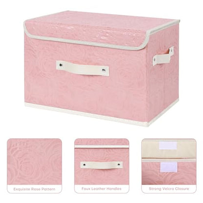 ANMINY Fabric Storage Box Bins with Lids, Rose Print, Pink, Large | Keepsake Memory Storage, Nonwoven Fabric, PP Board Frame, Washable, PU Handles, Foldable Stackable, Decorative, 15"x10"x10" - size: Large (Pack of 1)