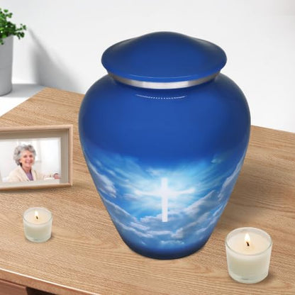 M MEILINXU Blue Sky Christian Cross Urns for Human Ashes Adult Man, Large - color: Blue