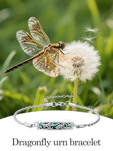 WINNICACA Urn Bracelet for Ashes 925 Sterling Silver Abalone Shell Sunflower/Butterfly/Turtle Cremation Jewelry for Ashes Keepsake Pendant Locket Bracelet for Women Gifts - style: Dragonfly Urn Bracelet