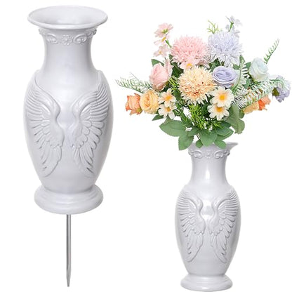 Cemetery Vase for Grave Decorations Grave Vase Angel Headstones Vases with Metal Spikes for Cemetery (Grey, L)