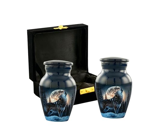 Keepsake Urns Set of 2 With Premium Velvet Box - Wolf Mini Urns for Human Ashes | Decorative, Funeral, Cremation Urns for Women and Men