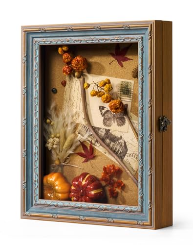 11x14 Memory Shadow Box Display Case for Keepsakes, Blue Gold | Perfect for Travel Tickets, Sporting Events, Concert Tickets, Beer Caps and Coastal Beach Room Decor - color: Blue Gold, size: 11x14"