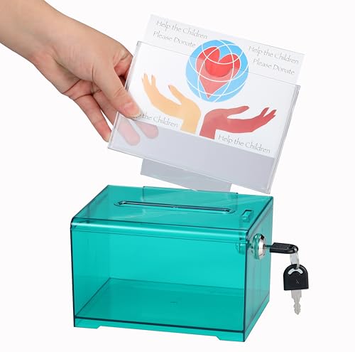 Adir Suggestion Box with Slot and Lock – Acrylic Donation Box for Fundraising, Drawing Box for Raffle, Funraiser Box, Tip Box with Lock - 6.25x4.5x 4 Inches voting box with slot and Sign Holder - color: Crystal Green