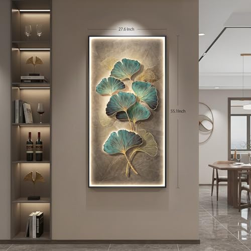Framed LED Vertical Wall Art for Living Room, Modern Luxury Ginkgo 30x60 In - color: Green Ginkgo Leaf Wall Art