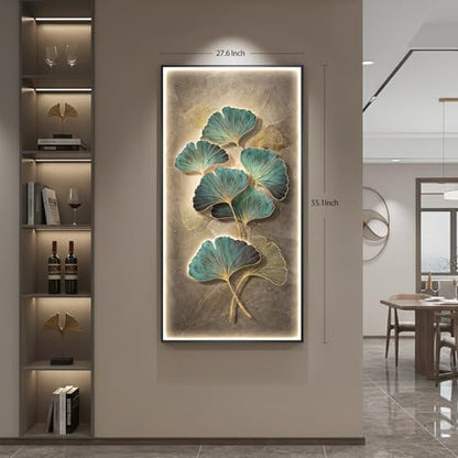Framed LED Vertical Wall Art for Living Room, Modern Luxury Ginkgo 30x60 In - color: Green Ginkgo Leaf Wall Art