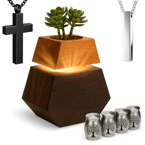 Plant Cremation Urns for Human Ashes Adult Male & Female Includes 1 Large Urn, 4 Keepsake & 1 Silver & 1 Black Cross Necklace- Wooden Urns for Human Ashes - color: Plant Urn-standard Set