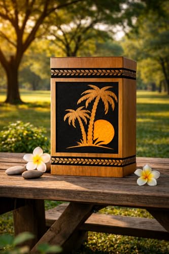 Urn with Tropical Palm Tree & Sunset Design – Decorative Cremation Urn for Ashes – Memorial Keepsake Box [Available urn Box in 5 Different Sizes] ((Full Size 14X7.5 600 Cubic INCHES))