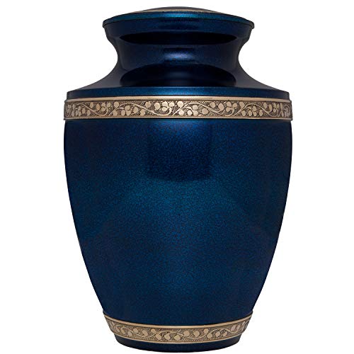 Blue Funeral Cremation Urn for Human Ashes - Hand Made in Brass - Suitable for Cemetery Burial or Niche - Large Size fits Remains of Adults up to 200 lbs - Torino Model - color: Blue