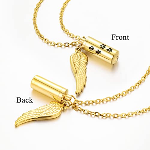 abooxiu Cylinder Cremation Urn Necklace with Angel Wing and Pet Paw - Ashes Keepsake for Dog/Cat Memorial Jewelry - color: Gold-S