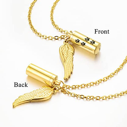 abooxiu Cylinder Cremation Urn Necklace with Angel Wing and Pet Paw - Ashes Keepsake for Dog/Cat Memorial Jewelry - color: Gold-S