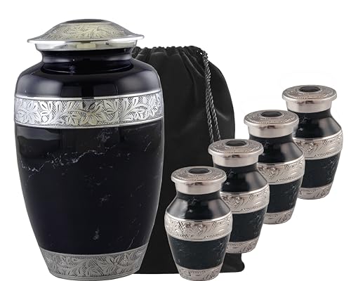 Metal Black Cremation Urns for Human Ashes with Velvet Bag, Urn Set - Cremation Urn with 4 Small Urns for Human Ashes Adult Male & Female, Decorative Urns, Urns Set of 5 (Adult Black URN Set)