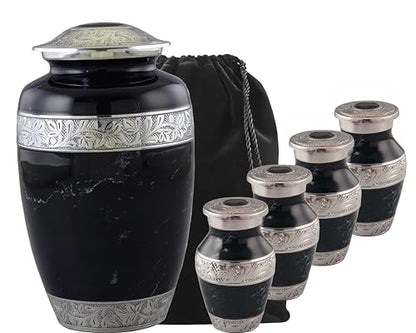 Metal Black Cremation Urns for Human Ashes with Velvet Bag, Urn Set - Cremation Urn with 4 Small Urns for Human Ashes Adult Male & Female, Decorative Urns, Urns Set of 5 (Adult Black URN Set)