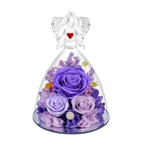 Preserved Flowers in Glass Angel Figurine with LED Light,Forever Real Roses Prime Eternal Flower Birthday Glitter Decorations for Her Women Mom Grandma Sister (Purple) - color: Purple