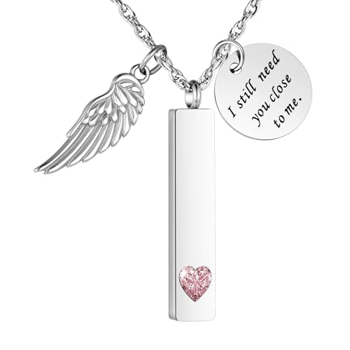 XIUDA Cremation Jewelry for Ashes with Angel Wing Charm Vertical Bar Urn Necklace Stainless Steel Memorial Keepsake Pendant for Women - color: Silver
