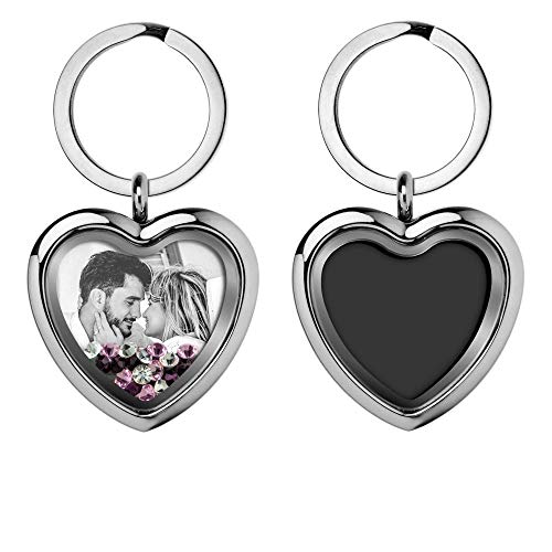 Custom Photo Text Engraved Heart Floating Living Locket Crystal Pendant Keychain - color: Purple - 1 Photo Engraving