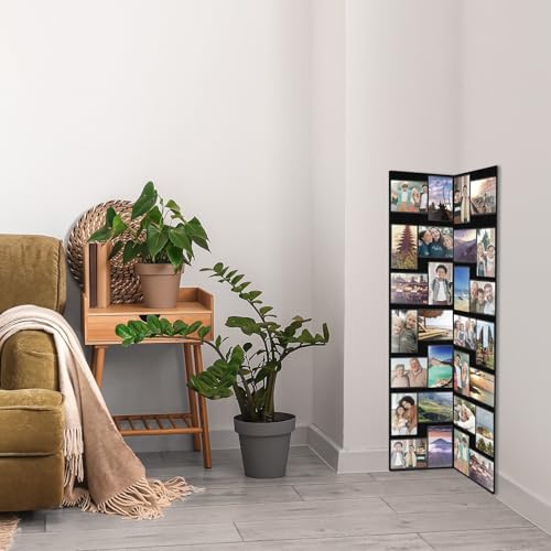 Qunclay Floor Standing Collage Photo Frame Decorative 32 Openings 3.6 x 5 Inch Hinged Folding Partition Screen Style Picture Frame Black Felt Multiple Collage Photo Display Board for Wall Corner