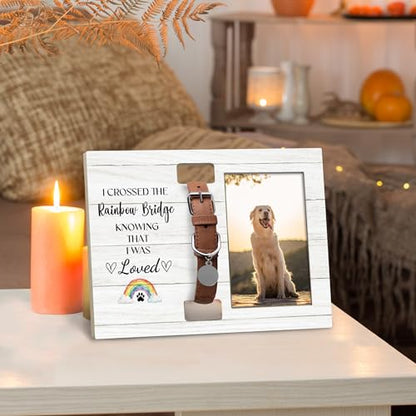 Dog Cat Pet Memorial Picture Frame with Collar Holder, Rainbow Bridge Dog Pet Cat Memorial Loss Sympathy Gifts, 4x6 Photos - color: loved