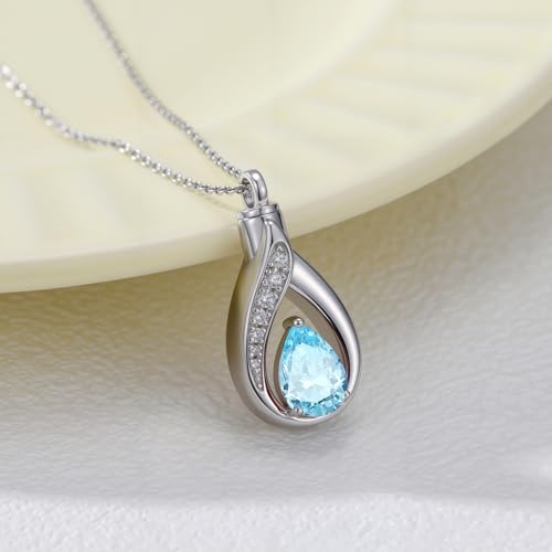 Teardrop Urn Necklace for Ashes Birthstone Keepsake Pendant Cremation Jewelry for Ashes Memorial Jewelry Gifts for Loss of a Loved One for Women - style: Mar-Aquamarine