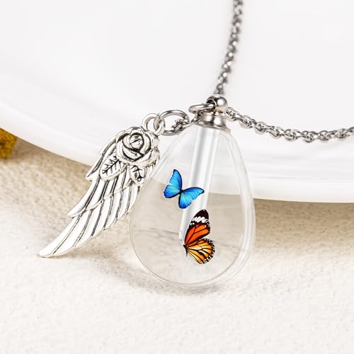 Teardrop Urn Necklace for Ashes, Resin Memorial Pendant with Keepsake | Teardrop Shape, Clear Resin Design, Nature Inspired Artwork, Screw Closure, Holds Ashes, Filling Kit & Box Included - color: Butterflies
