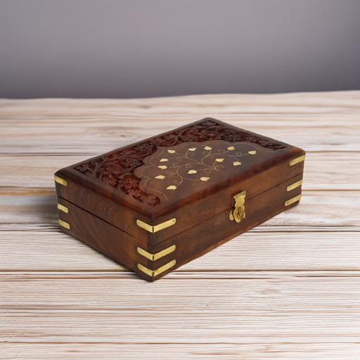 Ajuny Wooden Jewellery Box Brass Inlay Hand Carved Keepsake Chest 8x5