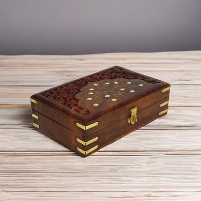 Ajuny Wooden Jewellery Box Brass Inlay Hand Carved Keepsake Chest 8x5