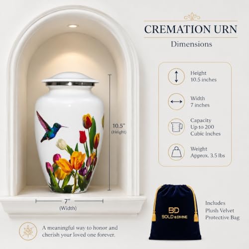 BOLD & DIVINE White Hummingbird Cremation Urn | Handcrafted Hummingbird urn for Human Ashes Adult Female, Large Burial urns for Ashes up to 200 LBS. (White Hummingbird Adult Urn) - size: Large