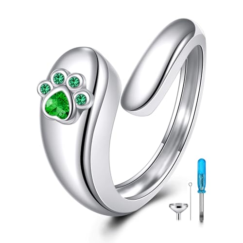 Sterling Silver Birthstone Urn Ring for Ashes Pets Dog Cat Keepsake Birthstone Memorial Cremation Jewelry for Women - style: Paw Print-May