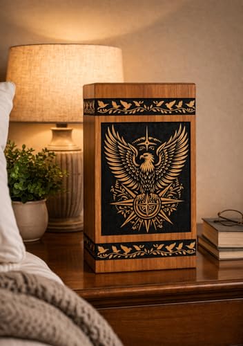 Handcrafted Wooden Urn Box with Eagle & Compass Engraving | Premium Memorial Ashes Urn | Decorative Keepsake Box [Available urn Box in 5 Different Sizes] ((Medium [9.5X5.5] 180 Cubic INCHES)) - size: (Medium [9.5X5.5] 180 Cubic INCHES)