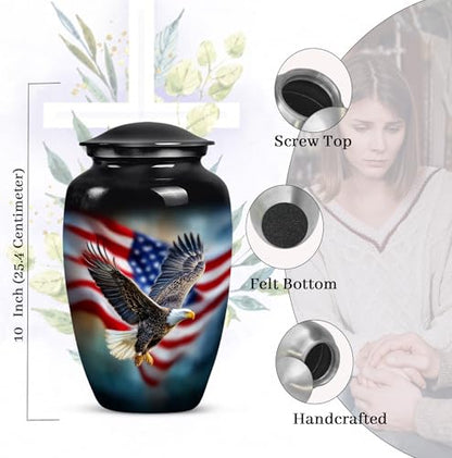 American Flag with Eagle Urn for Ashes Women -Patriotic Cremation Urns Men | Large Black Military Urns for Human Ashes Adult Man - Veteran Funeral Urn for 10 Inch and 200lbs - color: Patriotic Flying Eagle With American Flag