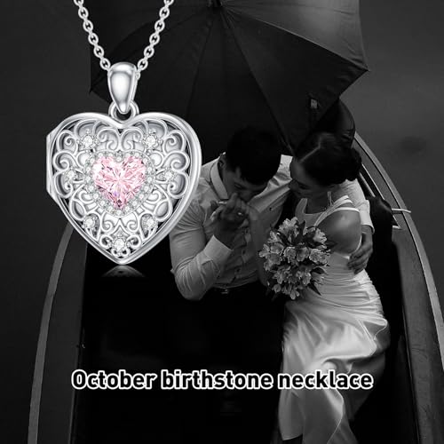 Heart Locket Necklace 925 Sterling Silver Personalized Picture Locket Pendant Birthday Christmas Jewelry Memorial Gifts for Women - color: October Crystal Locket