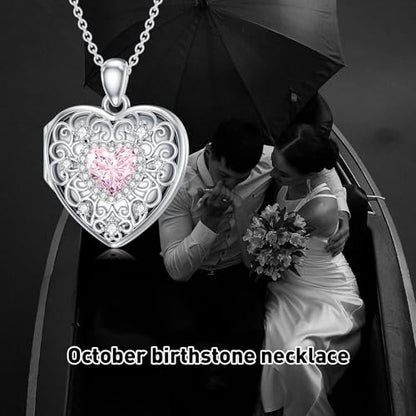 Heart Locket Necklace 925 Sterling Silver Personalized Picture Locket Pendant Birthday Christmas Jewelry Memorial Gifts for Women - color: October Crystal Locket
