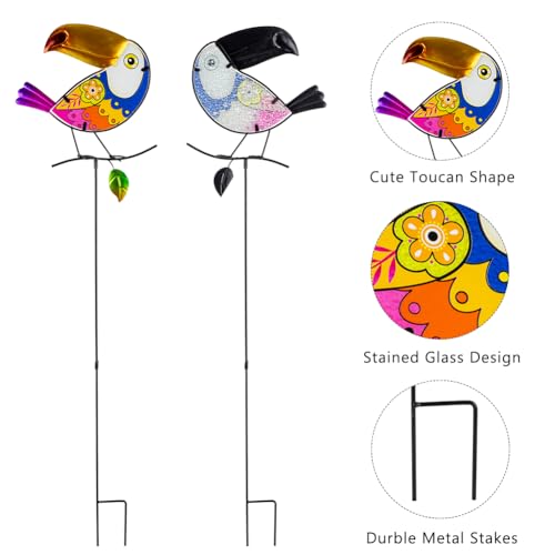 Set of 3 Toucan Stained Glass Decorative Garden Stakes - color: Toucan
