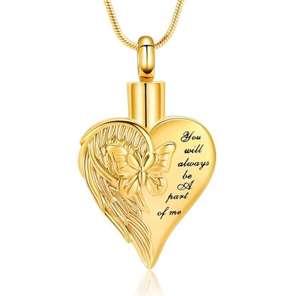 Love Heart Cremation Jewelry Urn Necklaces Butterfly Urn Necklaces for Ashes Memorial Keepsake Pendant for Women Men Gifts With Funnel Kit & Bag - color: Gold