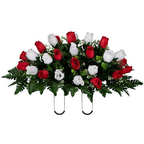 30" Headstone Flower Saddle Artificial Cemetery Flowers - Gravesite Flowers - Red and White Roses - color: Red and White Roses, size: (1) Saddle