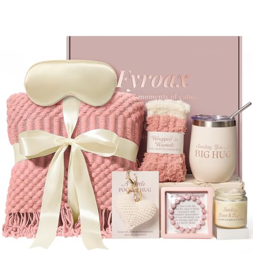 Get Well Soon Gifts for Women, Care Package After Surgery | Cozy care package with card: Soft throw blanket, insulated mug, lavender candle, plush socks, sleep mask & keychain. - color: Pink