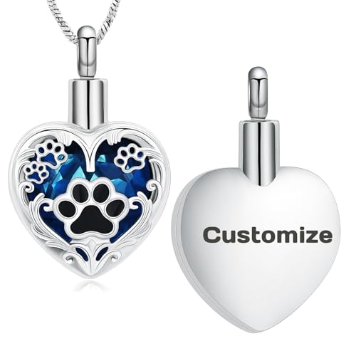 Yinplsmemory Pet Urn Necklace Pendant Jewelry for Dog Cat Memorial Crystal Heart Cremation Jewelry with Paw Print Ashes Keepsake Funeral Jewelry - color: Customize