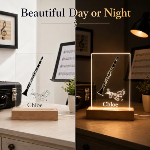 MIRROR MANIA Personalized Clarinet Night Light, Custom Name Music Lamp for Clarinet Players & Music Lovers, Clear Acrylic with Wood Base, Soft White LED, USB Powered, Handmade in USA