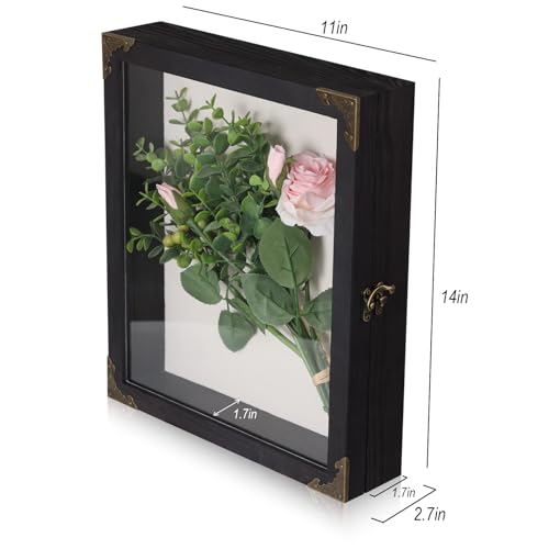 11x14 Shadow Box Frame, Solid Wood Memory Display Case with Glass Door, Linen Back, 2.7" Overall Depth, 10 Push Pins & Hanging Hardware, Rustic Keepsake Box for Flowers, Photos, Medals, Black - size: Medium (Black)