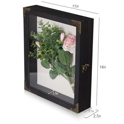 11x14 Shadow Box Frame, Solid Wood Memory Display Case with Glass Door, Linen Back, 2.7" Overall Depth, 10 Push Pins & Hanging Hardware, Rustic Keepsake Box for Flowers, Photos, Medals, Black - size: Medium (Black)